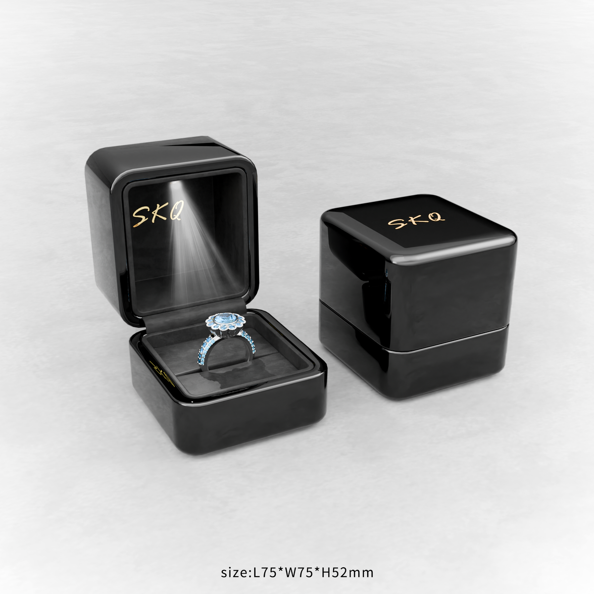 Custom Black Piano Lacquer Jewelry Wood Box Set | Large Hinged Box with Pull-Out Drawer + LED Ring Box Black Suede Interior Gold Metal Hinge Lock Brand Hot Stamp for Fine Jewelry Brand Gift | MOQ 100 pcs
