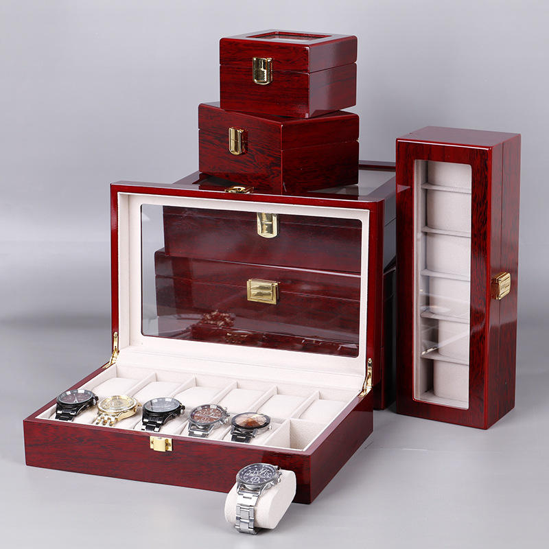 Custom Deep Red Piano Lacquer Glass Lid Multi-Slot Watch Display Wood Box | Gold Metal Clasp Cream Velvet Watch Pillows 1-3 / 5 / 10 / 12 Slot Options for Watch Brand & Retailer Display Gift | MOQ 100 pcs