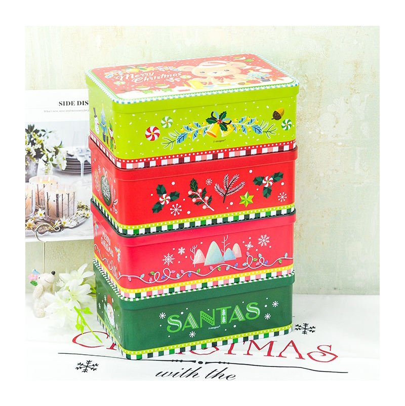 Custom Christmas Theme Full-Color Rectangle Hinged Tin Box | Santa Claus Christmas Tree Penguin Wreath & Bear Multi-Pattern for Holiday Cookie Candy & Festive Gift Tin Packaging | MOQ 100 pcs