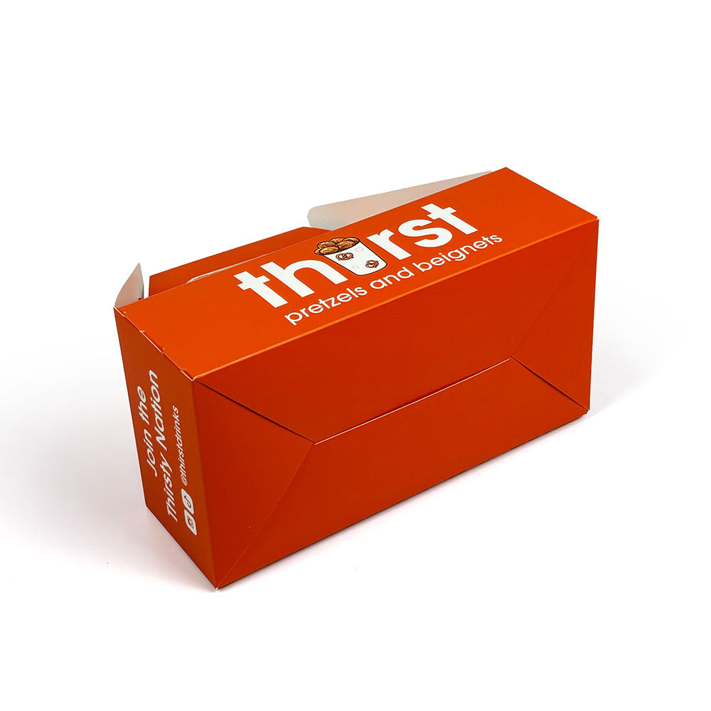 Cajas de Papel Impresas Personalizadas con Asa a Dos Aguas | Cajas de Transporte con Logo para Panadería, Alimentos y Comida para Llevar | MOQ 100 unidades