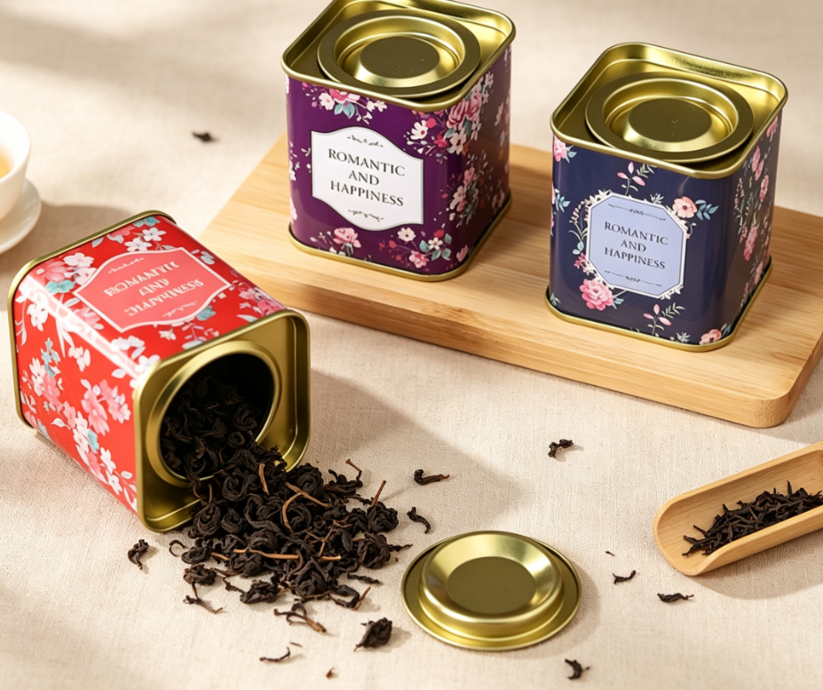 Custom Small Square Floral Romantic Tin Can with Gold Rim | 5.5x5.5x6cm Multi-Color Romantic Happiness Best Wishes Print for Tea Candy Aromatherapy & Small Gift Tin Packaging | MOQ 100 pcs
