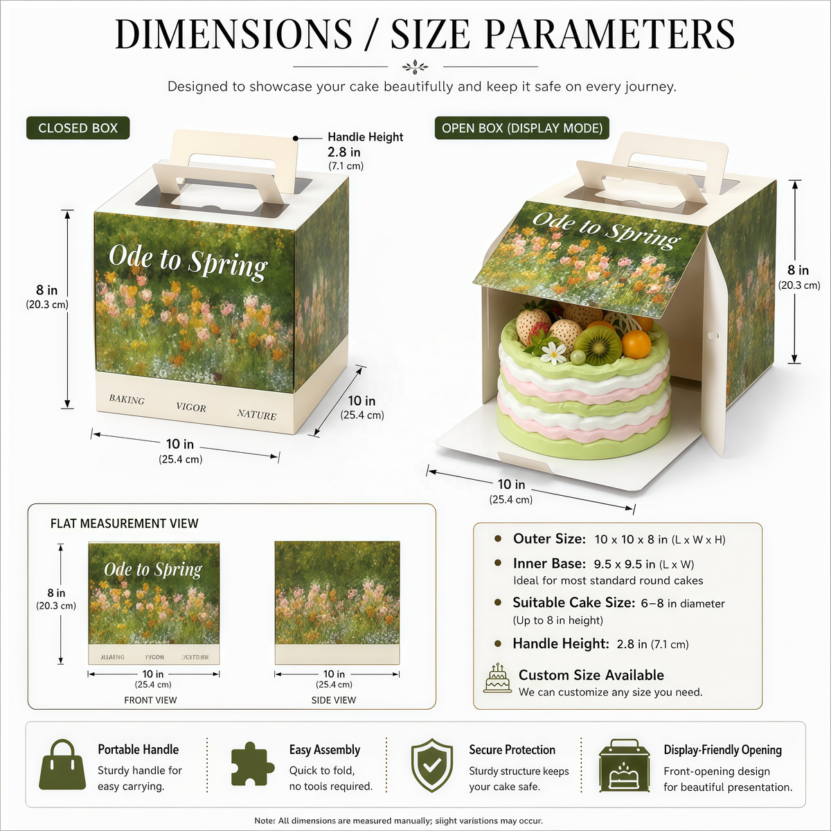 Custom Full-Color Print Front Opening Flip Whole Cake Box with Handle | Garden Botanical Oil Painting Print for 6 8 Inch Premium Bakery Wedding & Holiday Cake Gift Presentation | MOQ 100 pcs
