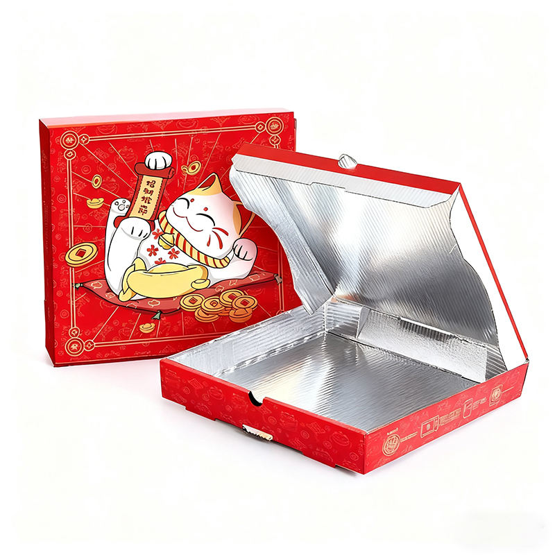 Custom Full-Color Print Insulated Pizza Box with Aluminum Foil Lining | Cartoon Character Print in Yellow Green Red for Pizza Delivery Takeaway Brand Packaging | MOQ 100 pcs