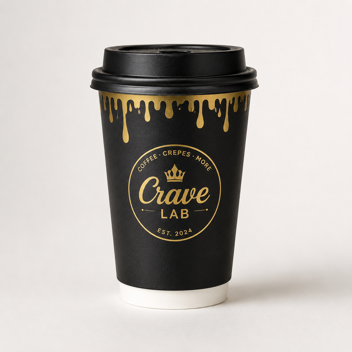 Set de empaques personalizados de papel para café Black Gold | Caja de regalo, tazas de café, bandeja para bebidas y bolsa de papel | Cantidad mínima de pedido: 100 unidades