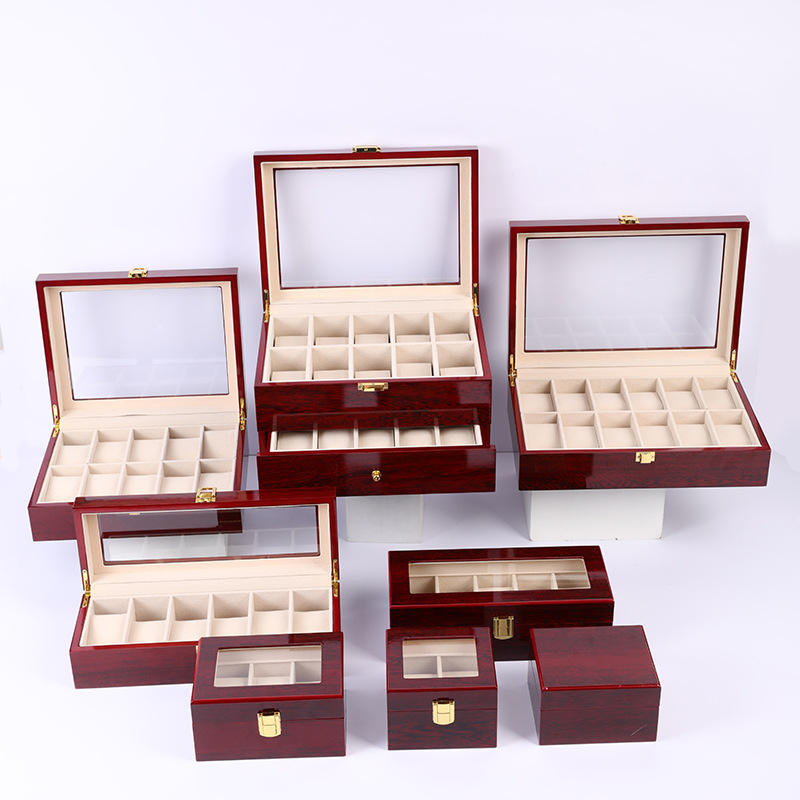 Custom Deep Red Piano Lacquer Glass Lid Multi-Slot Watch Display Wood Box | Gold Metal Clasp Cream Velvet Watch Pillows 1-3 / 5 / 10 / 12 Slot Options for Watch Brand & Retailer Display Gift | MOQ 100 pcs