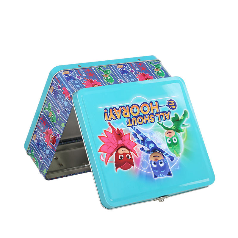 Custom Kids Cartoon Superhero Tin Lunch Box with Handle & Clasp | Teal Full-Color Print for Children Candy Snack Stationery & Toy Gift Tin Packaging | MOQ 100 pcs