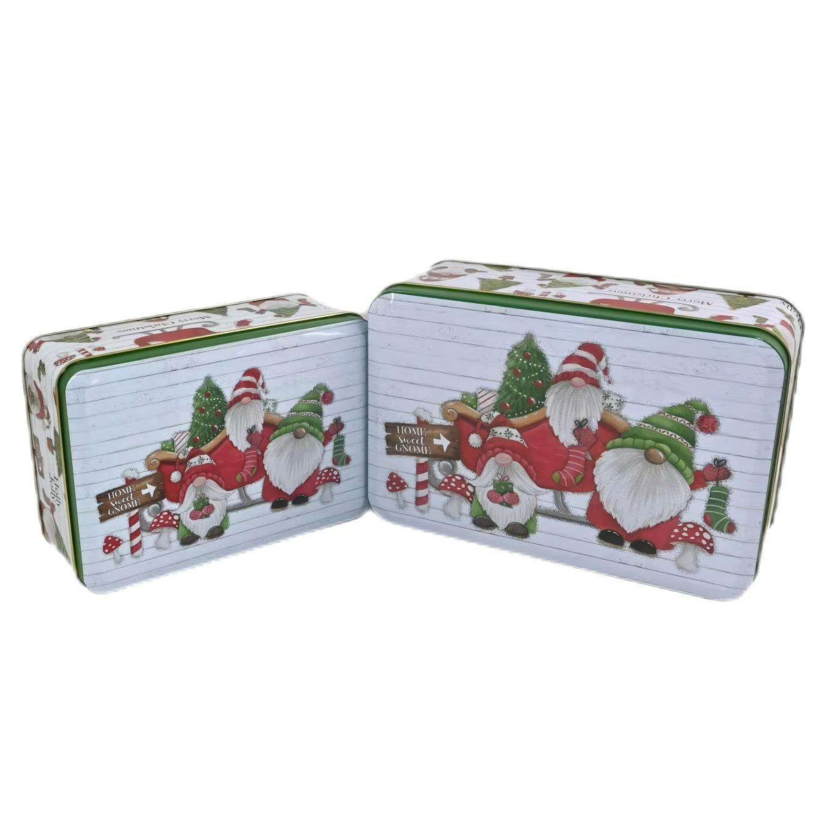 Custom Christmas Gnome Print Rectangle Tin Box Set | White Green Full-Color Home Sweet Gnome Merry Christmas Design for Holiday Cookie Candy & Festive Gift Tin Packaging | MOQ 100 pcs