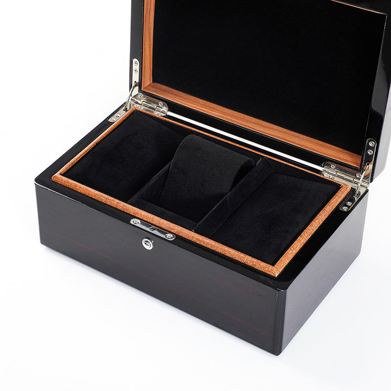 Custom Piano Lacquer Solid Wood Watch Box | 2-3 Slot High-Gloss Dark Brown or Black Natural Wood Edge Black Velvet Lining Watch Pillow Metal Hinge Lock for Luxury Watch Jewelry Brand Gift | MOQ 100 pcs