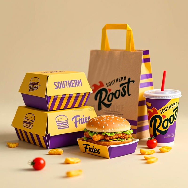 Juego de embalaje personalizado para comida rápida | Cajas de hamburguesas, vasos para patatas fritas y bolsas de papel con logo | MOQ 100 unidades