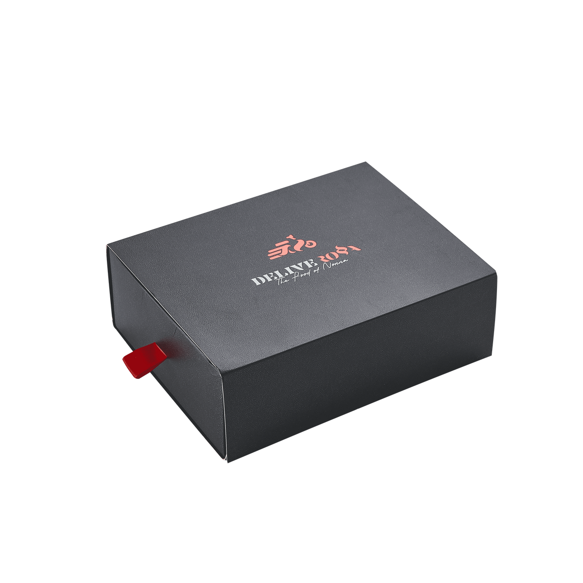 Custom Matte Black Drawer Gift Box | Red Foil Logo & Brand Slogan Red Ribbon Pull for Apparel Footwear Beauty & Luxury Fashion Brand Retail Packaging | MOQ 100 pcs