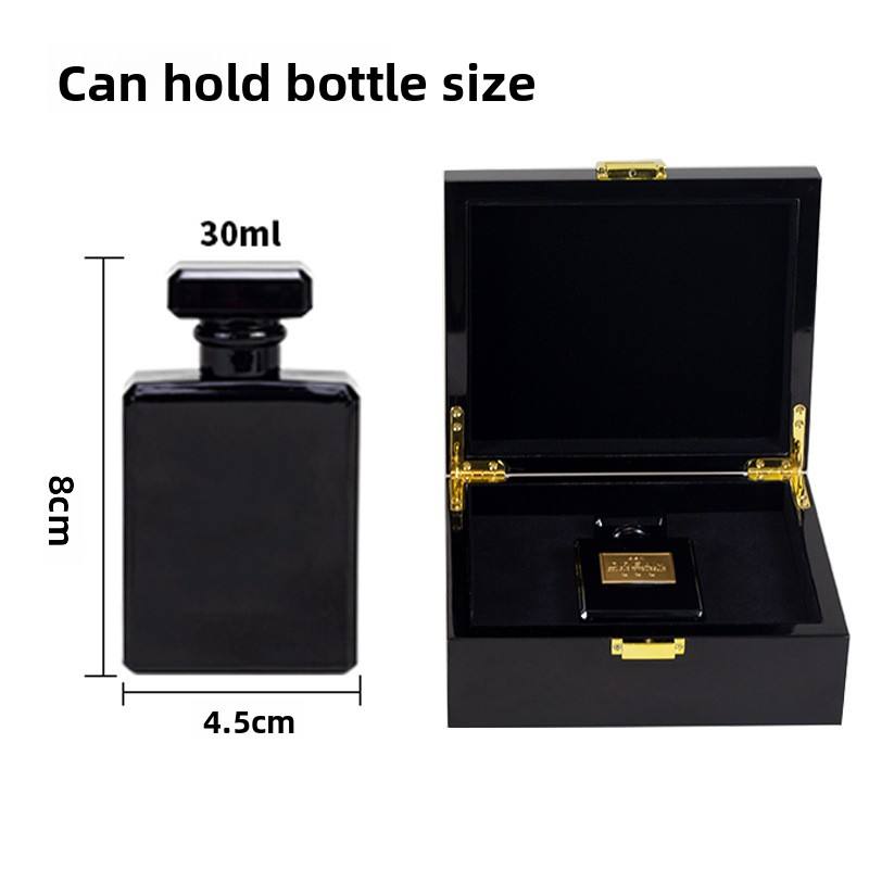 Custom Black Piano Lacquer Hinged Wood Gift Box | Gold Corner Hinges & Front Clasp Black Velvet Interior for Perfume Jewelry Watch Beauty Skincare Luxury Brand Single-Piece Premium Gift | MOQ 100 pcs