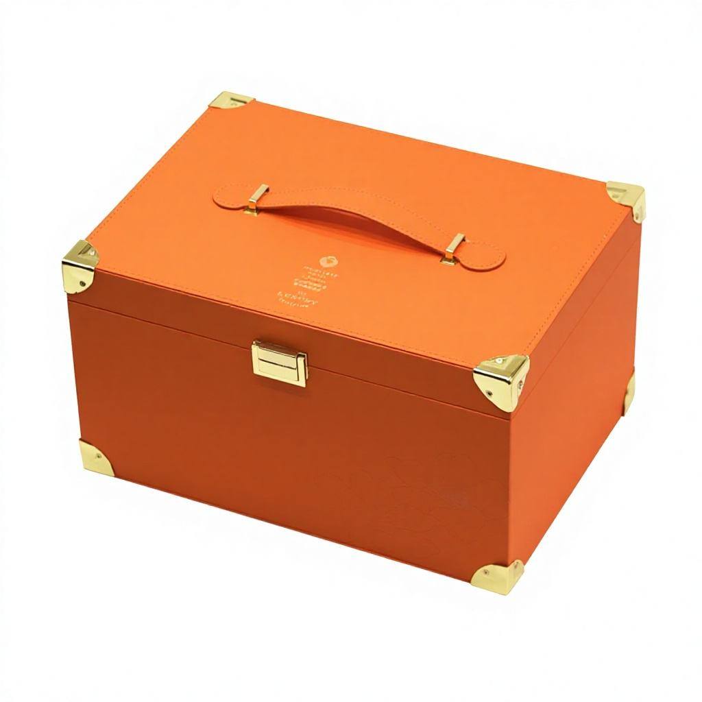 Custom Hermes Orange Litchi Grain PU Leather Large Wood Gift Trunk Box | Gold Corner Guards Front Clasp Leather Handle Top Brand Logo Hot Stamp for Beauty Skincare Jewelry Luxury Brand Premium Gift Set | MOQ 100 pcs