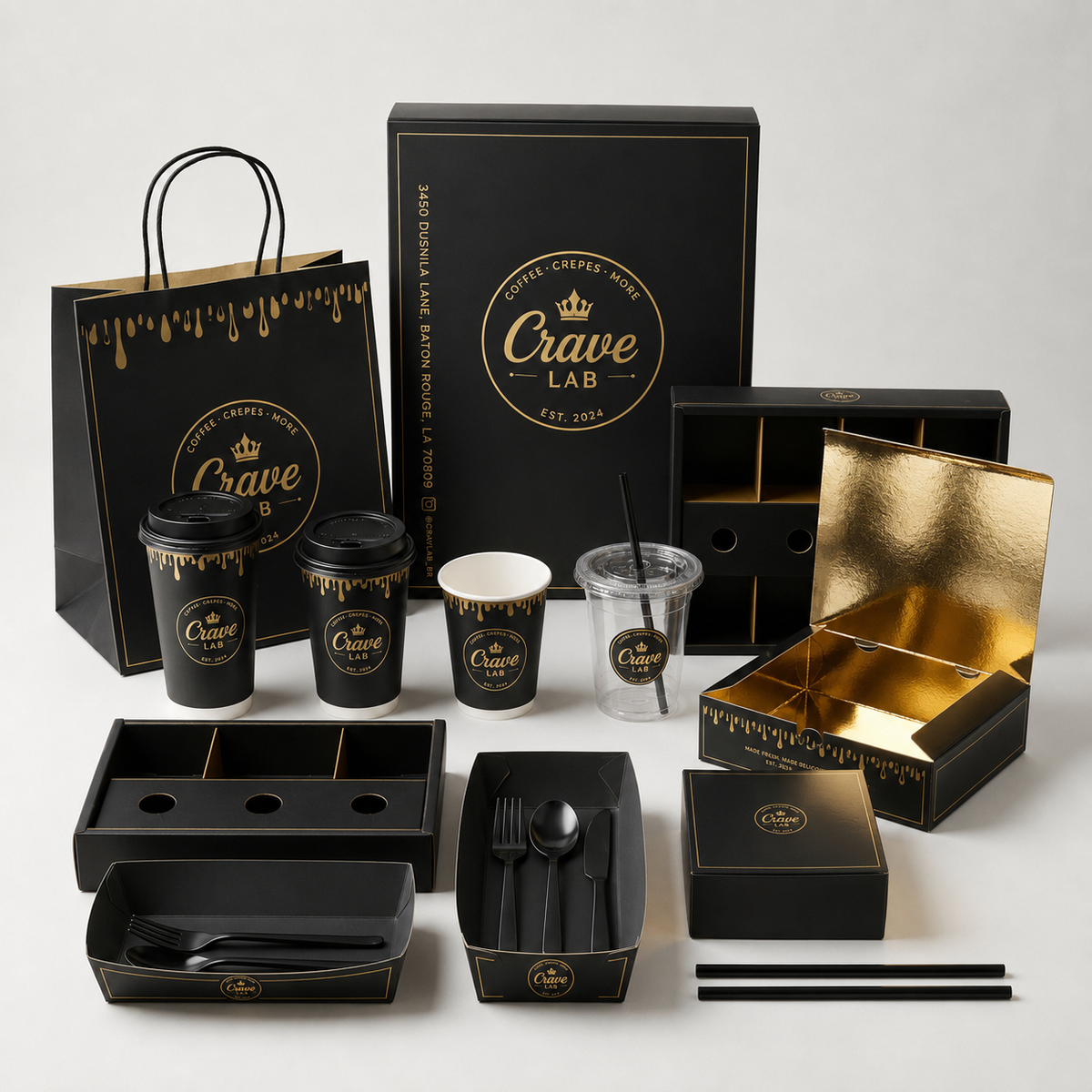 Set de empaques personalizados de papel para café Black Gold | Caja de regalo, tazas de café, bandeja para bebidas y bolsa de papel | Cantidad mínima de pedido: 100 unidades