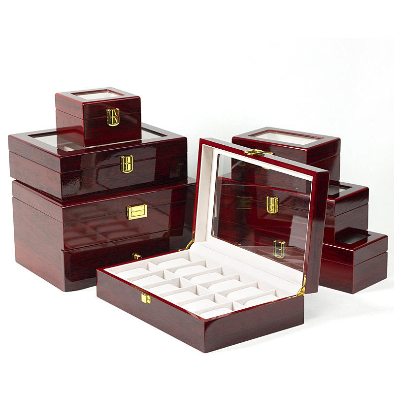 Custom Deep Red Piano Lacquer Glass Lid Multi-Slot Watch Display Wood Box | Gold Metal Clasp Cream Velvet Watch Pillows 1-3 / 5 / 10 / 12 Slot Options for Watch Brand & Retailer Display Gift | MOQ 100 pcs