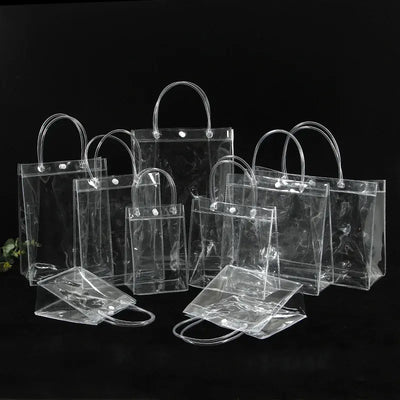 Custom Crystal Clear PVC Tote Shopping Bag | Transparent Tube Handle Rivet Closure Multi-Size Brand Logo Print for Gift Beauty Fashion Retail Wedding Event Party Favor Packaging | MOQ 100 pcs