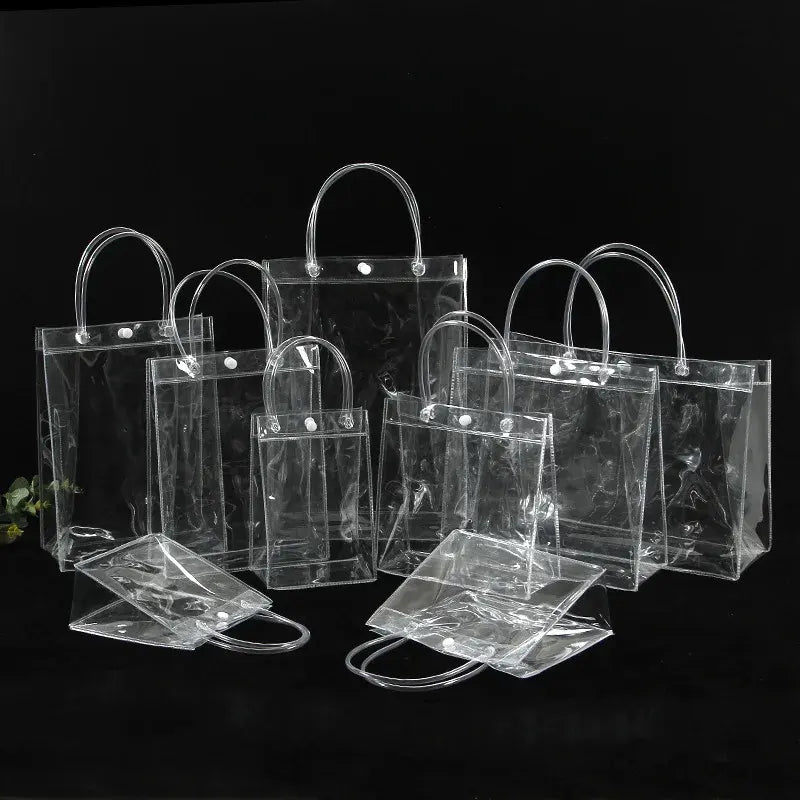 Custom Crystal Clear PVC Tote Shopping Bag | Transparent Tube Handle Rivet Closure Multi-Size Brand Logo Print for Gift Beauty Fashion Retail Wedding Event Party Favor Packaging | MOQ 100 pcs
