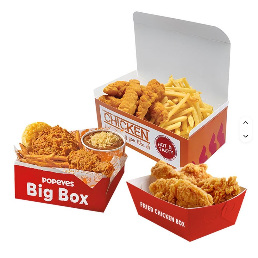 Cajas de papel personalizadas para pollo frito | Caja para pollo con tapa abatible y bandeja para alimentos con logo | Cantidad mínima de pedido: 100 unidades
