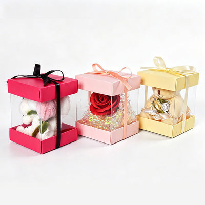 Custom Clear PVC Four-Side Window Gift Display Box | Colored Cardboard Lid & Base Satin Ribbon Bow Multi-Size for Preserved Rose Plush Doll Jewelry Holiday Premium Gift Brand Packaging | MOQ 100 pcs
