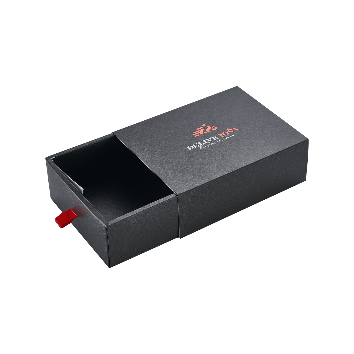 Custom Matte Black Drawer Gift Box | Red Foil Logo & Brand Slogan Red Ribbon Pull for Apparel Footwear Beauty & Luxury Fashion Brand Retail Packaging | MOQ 100 pcs
