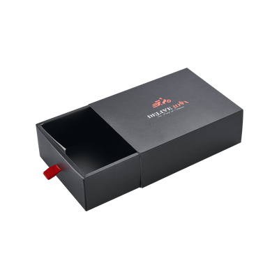 Custom Matte Black Drawer Gift Box | Red Foil Logo & Brand Slogan Red Ribbon Pull for Apparel Footwear Beauty & Luxury Fashion Brand Retail Packaging | MOQ 100 pcs