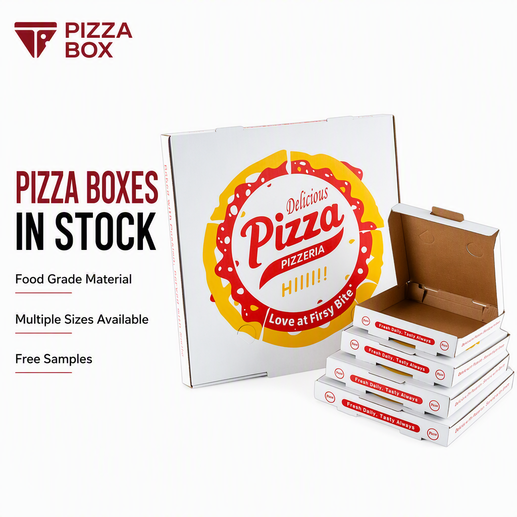 Custom Standard Square Corrugated Pizza Box | White Food Grade with Full-Color Brand Logo Print in Multiple Sizes for Pizza Restaurant & Takeaway Delivery Packaging | MOQ 100 pcs