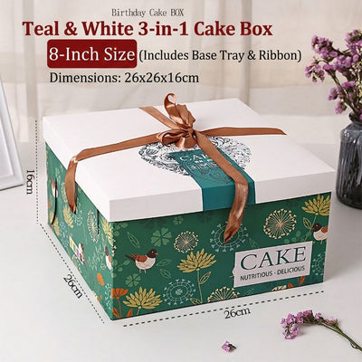Custom 3-in-1 Birthday Cake Gift Box | White Lid Full-Color Print Body Base Tray & Ribbon Set for Bakery Dessert Shop Birthday & Holiday Whole Cake Presentation | MOQ 100 pcs