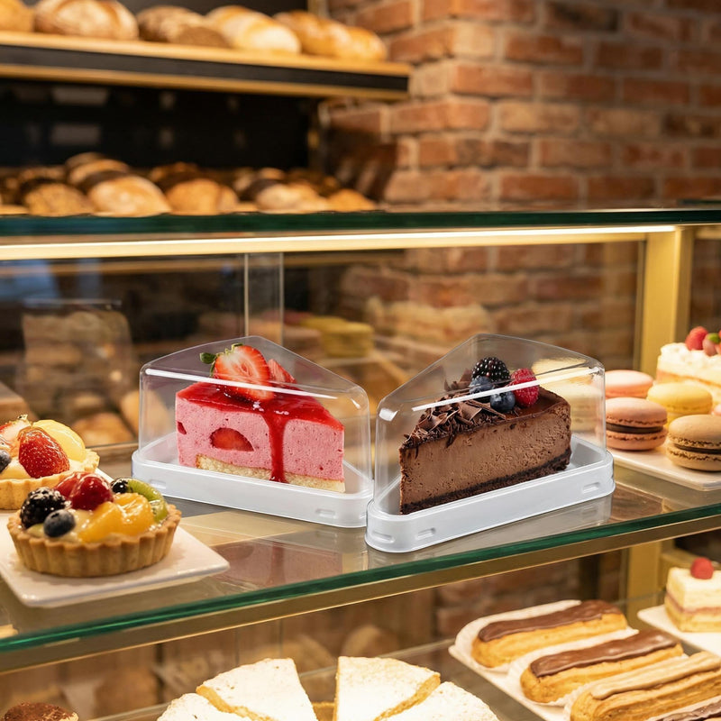 Clear PET Triangle Cake Slice Box with White or Black Tray | Transparent Dome Lid Single Serving Packaging for Bakery Dessert Shop & Cafe Takeaway Display | MOQ 100 pcs