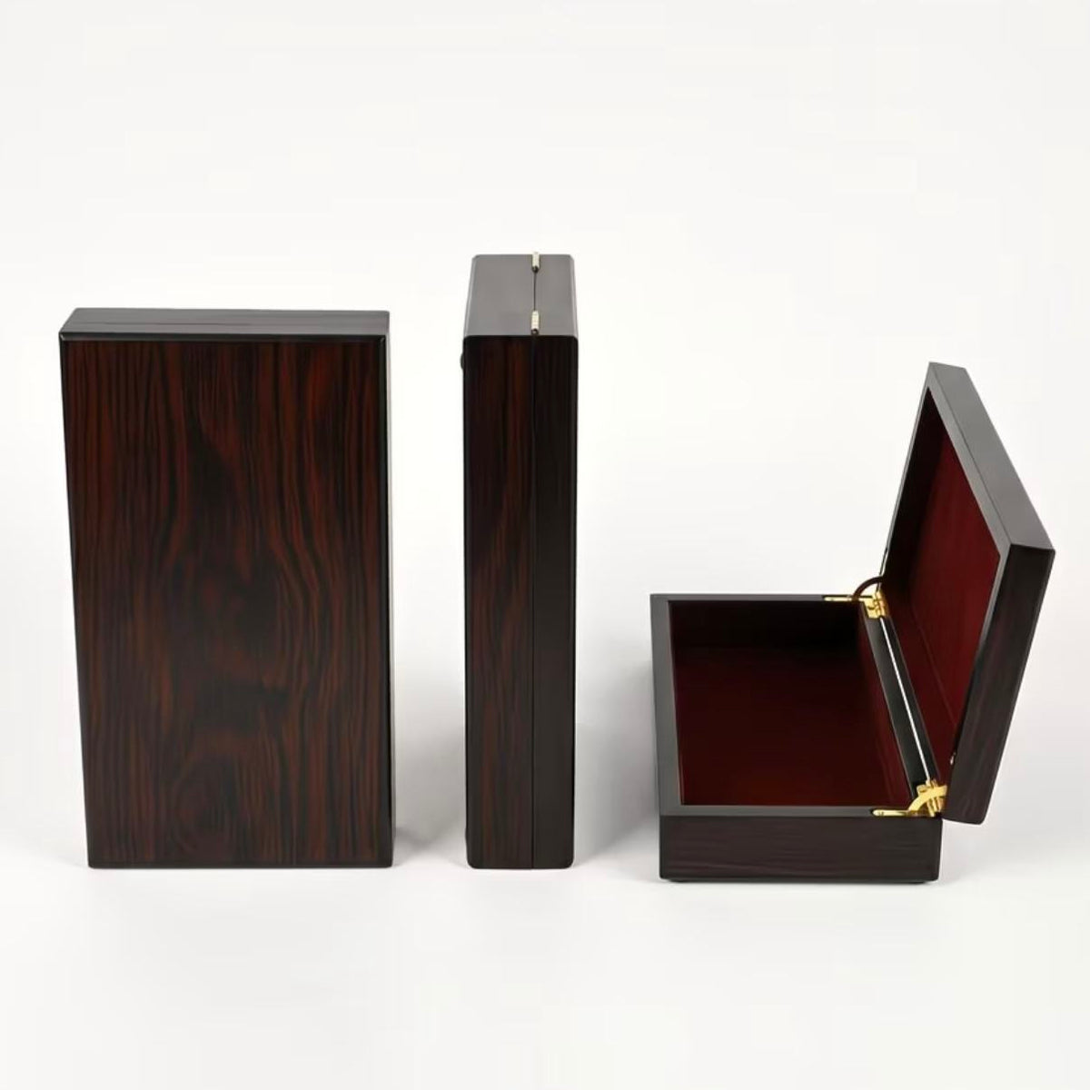 Custom Dark Brown High-Gloss Piano Lacquer Multi-Size Hinged Wood Gift Box | Gold Hinge Wine Red Velvet Interior Minimalist Clasp-Free Design Rectangle Square Slim Sizes for Pen Watch Jewelry Perfume Brand Premium Gift | MOQ 100 pcs