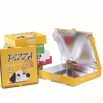 Custom Full-Color Print Insulated Pizza Box with Aluminum Foil Lining | Cartoon Character Print in Yellow Green Red for Pizza Delivery Takeaway Brand Packaging | MOQ 100 pcs