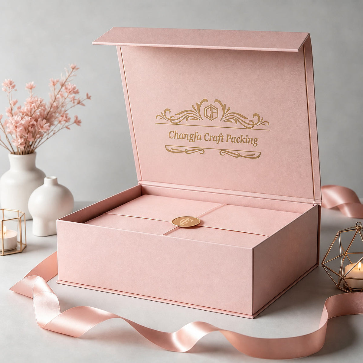 Custom Pink Magnetic Gift Box | Velvet Interior Satin Ribbon Wax Seal & Gold Crest Interior Logo for Wedding Bridal Valentine Beauty & Jewelry Gifts | MOQ 100 pcs