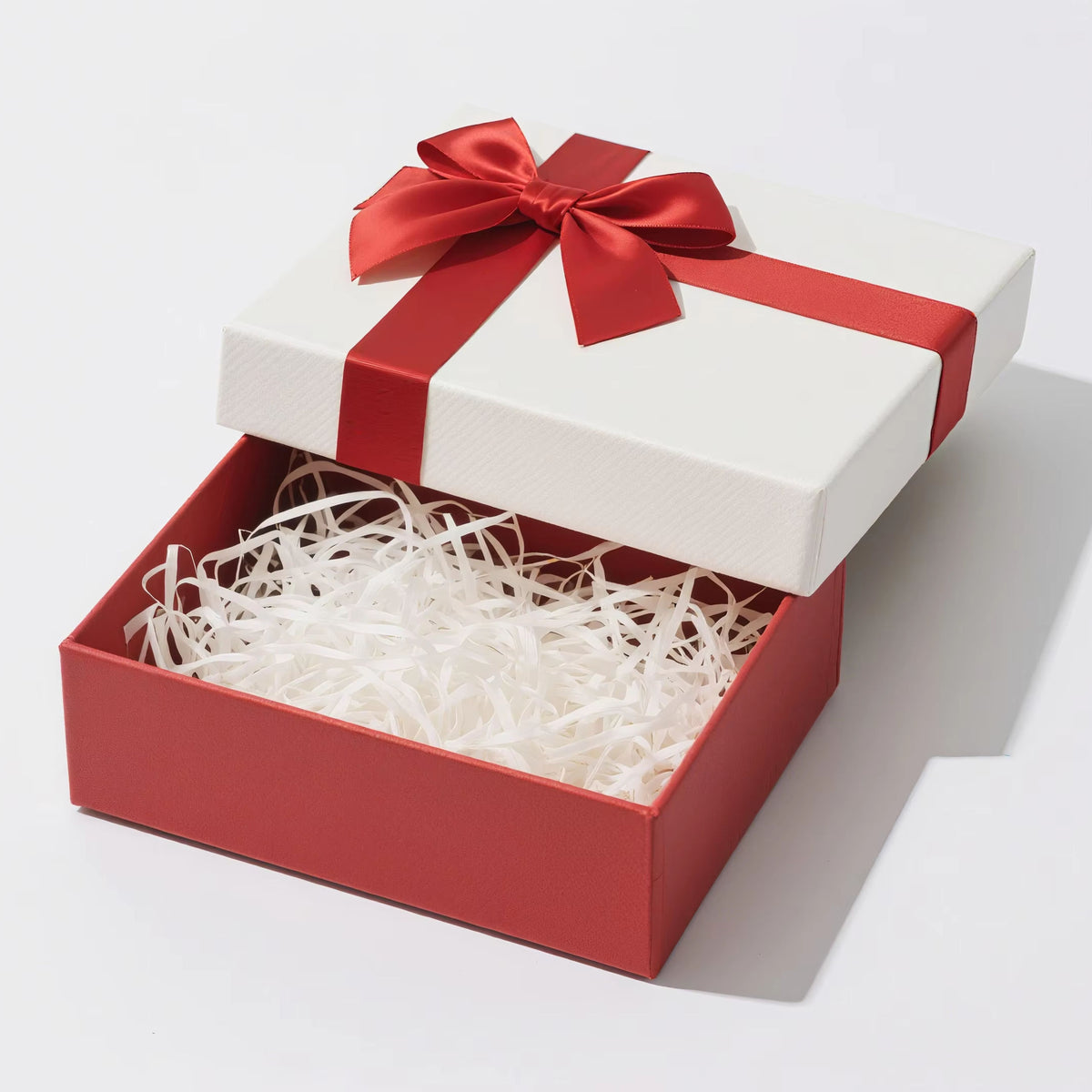 Custom Two-Piece Lid and Base Gift Box | Satin Ribbon Bow & Shredded Paper Fill for Christmas Valentine Wedding & Holiday Retail Gift Packaging | Multi-Color | MOQ 100 pcs
