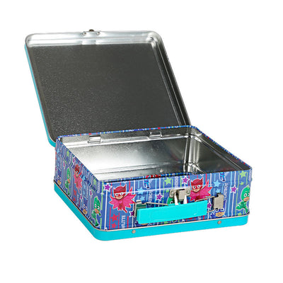 Custom Kids Cartoon Superhero Tin Lunch Box with Handle & Clasp | Teal Full-Color Print for Children Candy Snack Stationery & Toy Gift Tin Packaging | MOQ 100 pcs