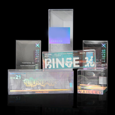 Custom Holographic Iridescent PVC Folding Clear Packaging Box | Full Color UV Print Laser Foil Finish Multi-Size for Nail Beauty Skincare Sports Goggles Hair Accessories Health Trend Brand Retail | MOQ 100 pcs
