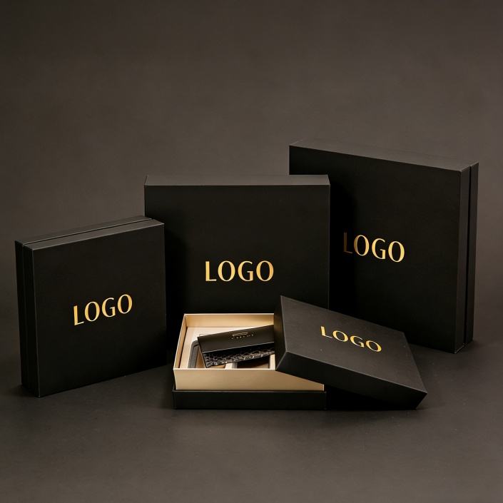 Custom Matte Black Two-Piece Lid and Base Gift Box | Gold Foil Logo & Custom EVA or Velvet Insert for Wallet Watch Perfume Skincare Electronics & Beauty Brand Packaging | MOQ 100 pcs