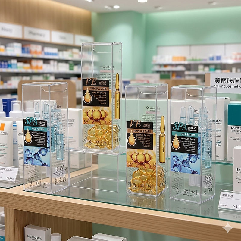 Custom Crystal Clear PVC Folding Display Packaging Box | Full Color Insert Label Design Multi-Height Sizes for Serum Capsule Ampoule Health Supplement Beauty Retail Counter Display | OEM ODM MOQ 100 pcs