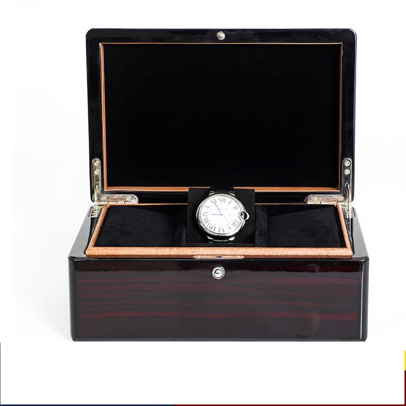 Custom Piano Lacquer Solid Wood Watch Box | 2-3 Slot High-Gloss Dark Brown or Black Natural Wood Edge Black Velvet Lining Watch Pillow Metal Hinge Lock for Luxury Watch Jewelry Brand Gift | MOQ 100 pcs