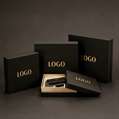 Custom Matte Black Two-Piece Lid and Base Gift Box | Gold Foil Logo & Custom EVA or Velvet Insert for Wallet Watch Perfume Skincare Electronics & Beauty Brand Packaging | MOQ 100 pcs