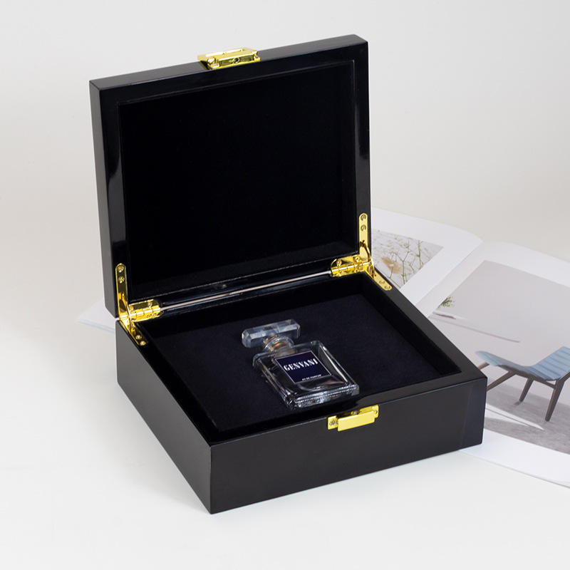 Custom Black Piano Lacquer Hinged Wood Gift Box | Gold Corner Hinges & Front Clasp Black Velvet Interior for Perfume Jewelry Watch Beauty Skincare Luxury Brand Single-Piece Premium Gift | MOQ 100 pcs