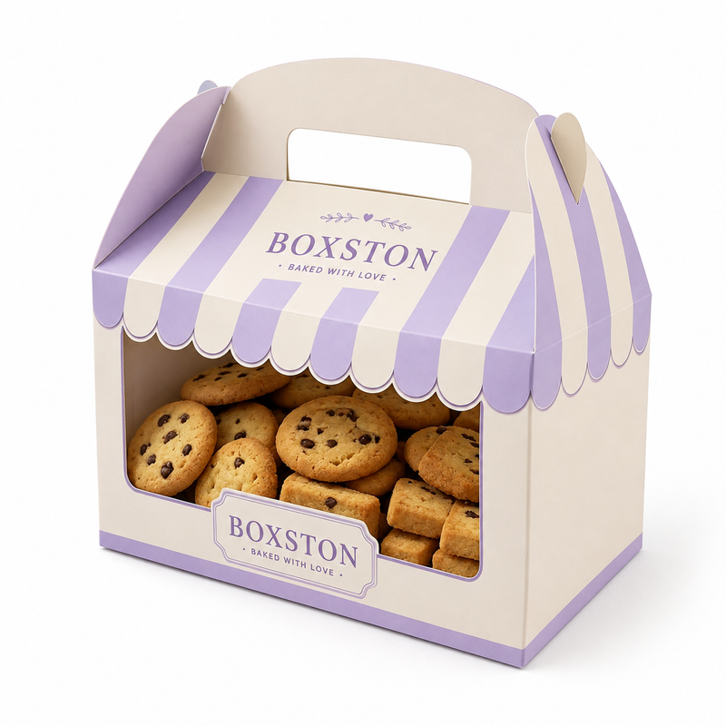 Custom Bakery House Shape Cookie Gift Box with Clear Window | Scallop Awning Handle & Full-Color Stripe Brand Print for Cookie Macaron & Pastry Gift Packaging | MOQ 100 pcs