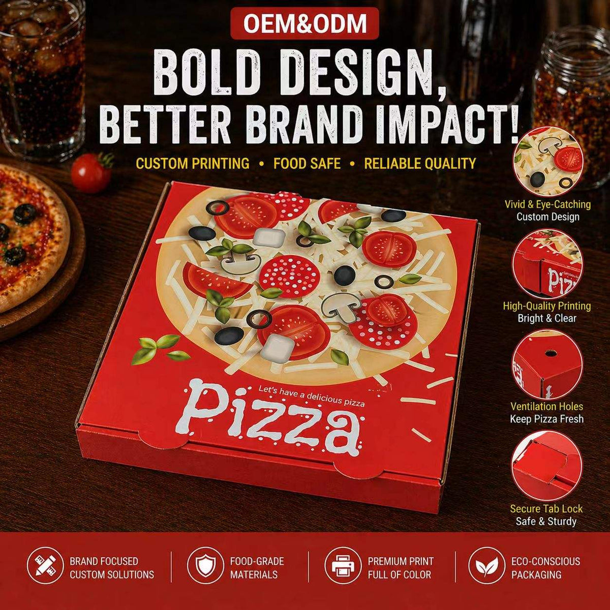 Custom Full-Color Printed Pizza Boxes | Food-Safe Corrugated Packaging with Logo | MOQ 100 pcs