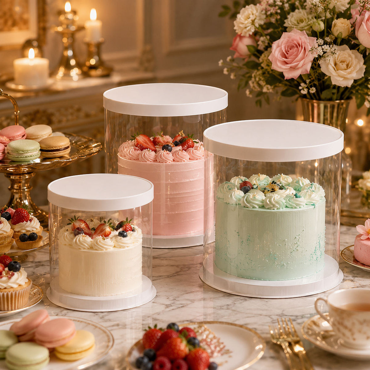 Caja Redonda Transparente de PET con Cilindro para Tartas Completas | Grado Alimenticio Transparente con Tapa y Base Blanca Multi-Tamaño para Panaderías Bodas Cumpleaños y Tiendas de Postres | MOQ 100 unidades