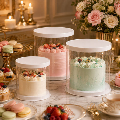 Caja Redonda Transparente de PET con Cilindro para Tartas Completas | Grado Alimenticio Transparente con Tapa y Base Blanca Multi-Tamaño para Panaderías Bodas Cumpleaños y Tiendas de Postres | MOQ 100 unidades