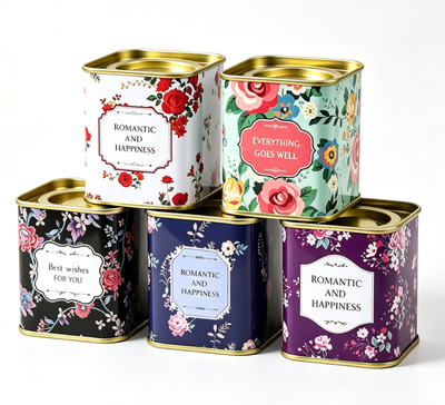 Custom Small Square Floral Romantic Tin Can with Gold Rim | 5.5x5.5x6cm Multi-Color Romantic Happiness Best Wishes Print for Tea Candy Aromatherapy & Small Gift Tin Packaging | MOQ 100 pcs