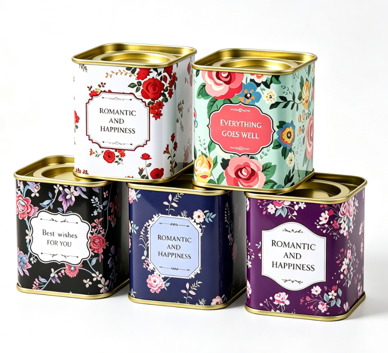 Custom Small Square Floral Romantic Tin Can with Gold Rim | 5.5x5.5x6cm Multi-Color Romantic Happiness Best Wishes Print for Tea Candy Aromatherapy & Small Gift Tin Packaging | MOQ 100 pcs