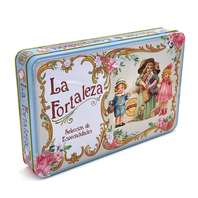 Custom European Vintage Style Rectangle Hinged Tin Box | Powder Blue Gold Scroll Pink Rose Victorian Children Full-Color Print for Cookie Tea Candy & Premium Gift Tin Packaging | MOQ 100 pcs