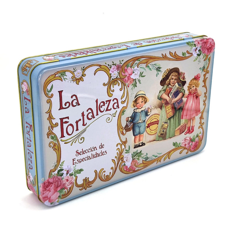 Custom European Vintage Style Rectangle Hinged Tin Box | Powder Blue Gold Scroll Pink Rose Victorian Children Full-Color Print for Cookie Tea Candy & Premium Gift Tin Packaging | MOQ 100 pcs