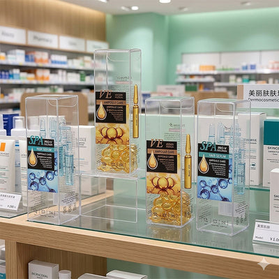 Custom Crystal Clear PVC Folding Display Packaging Box | Full Color Insert Label Design Multi-Height Sizes for Serum Capsule Ampoule Health Supplement Beauty Retail Counter Display | OEM ODM MOQ 100 pcs