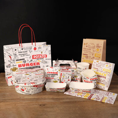 Custom Graffiti Print Fast Food Paper Packaging Set | Burger Box Fry Box Chicken Box Tray Bag & Cup | MOQ 100 pcs