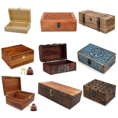 Custom Multi-Style Natural Solid Wood Hinged Gift Box Collection | Unfinished Carved Rustic Vintage Pirate Chest & Painted Styles Brass Copper Clasp Hardware Custom Size for Jewelry Tea Souvenir Craft Retail Brand | MOQ 100 pcs