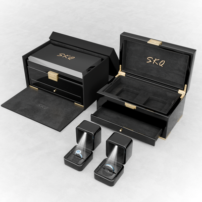 Custom Black Piano Lacquer Jewelry Wood Box Set | Large Hinged Box with Pull-Out Drawer + LED Ring Box Black Suede Interior Gold Metal Hinge Lock Brand Hot Stamp for Fine Jewelry Brand Gift | MOQ 100 pcs